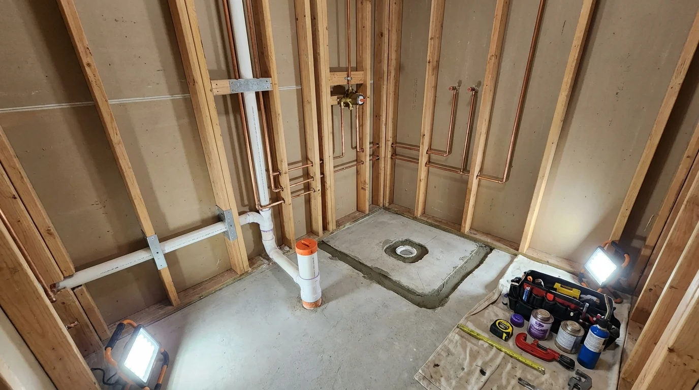 Bathroom rough-in plumbing during remodel by Johns Plumbing LLC in Booker