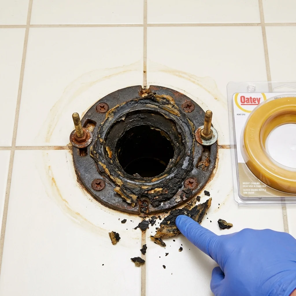 Failed wax ring showing water seepage at the base of a toilet in a Booker, TX home