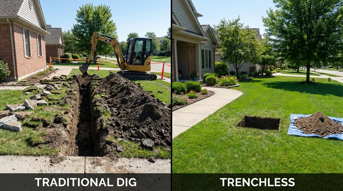 Trenchless sewer repair with minimal yard damage versus traditional excavation in Booker, TX