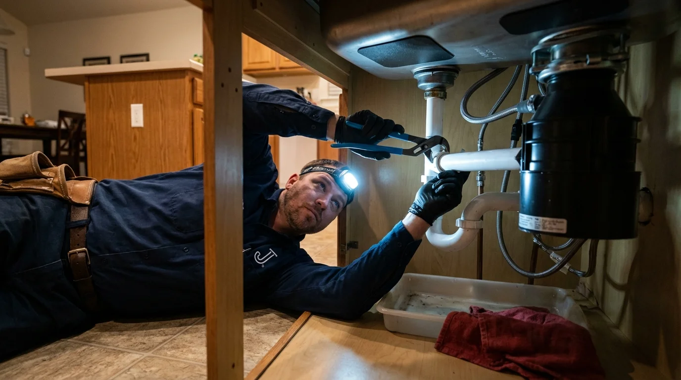 P-trap and supply line connections under a kitchen sink showing a common leak point in Booker, TX